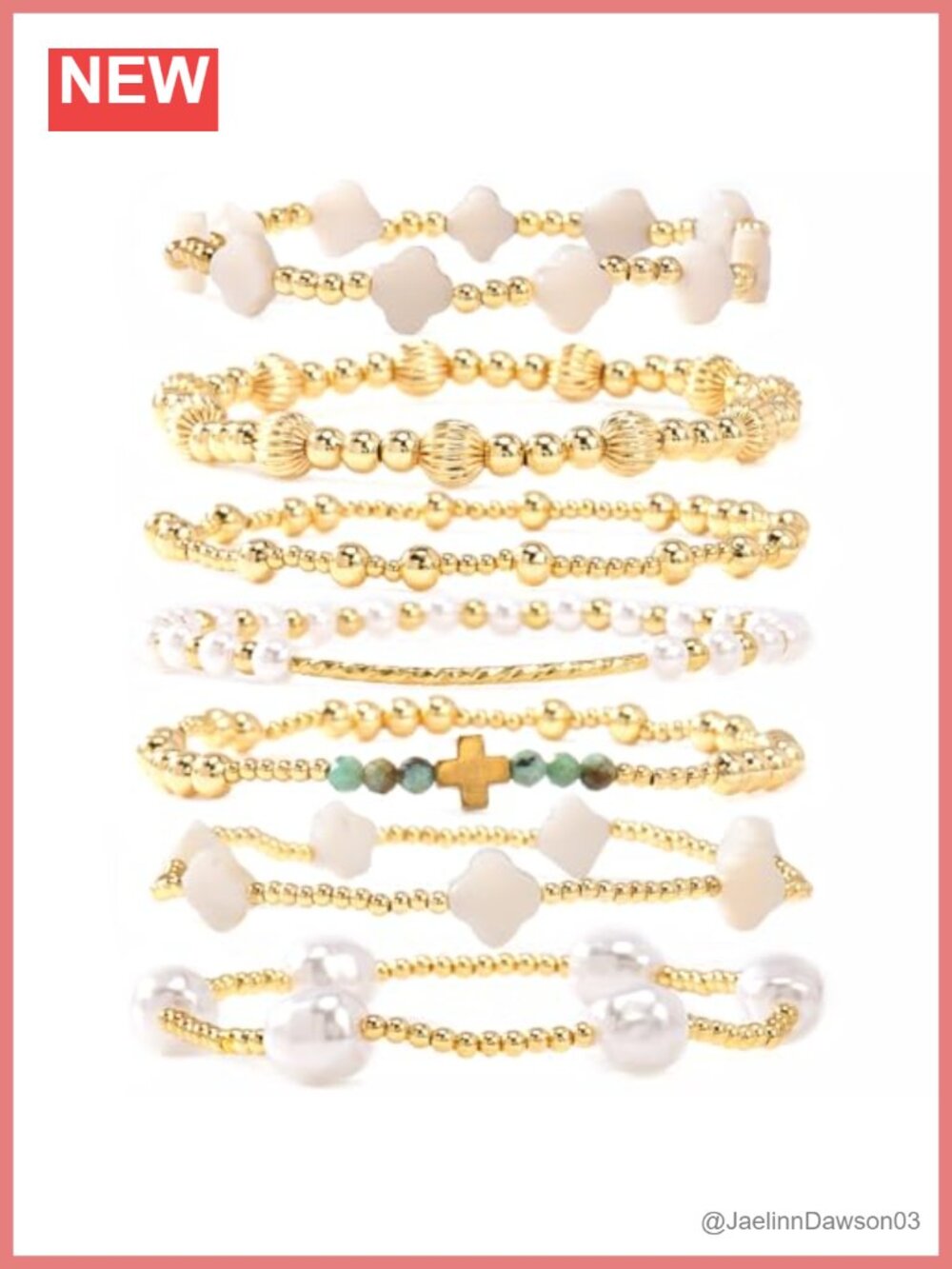 Gold Plated Bead Stretch Bracelet Stack Boho Pearl Cross Clover